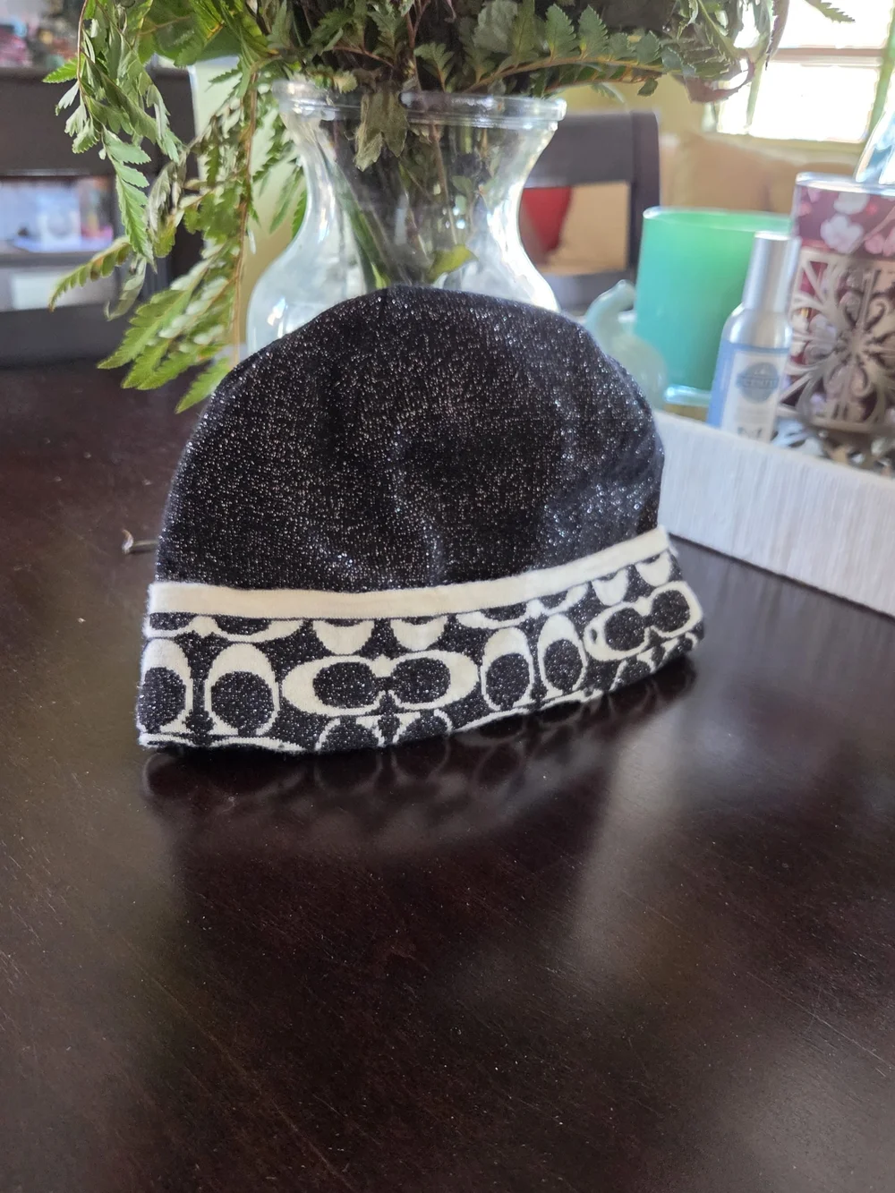 Coach Black Glitter Knit Beanie with Ivory Signature Band